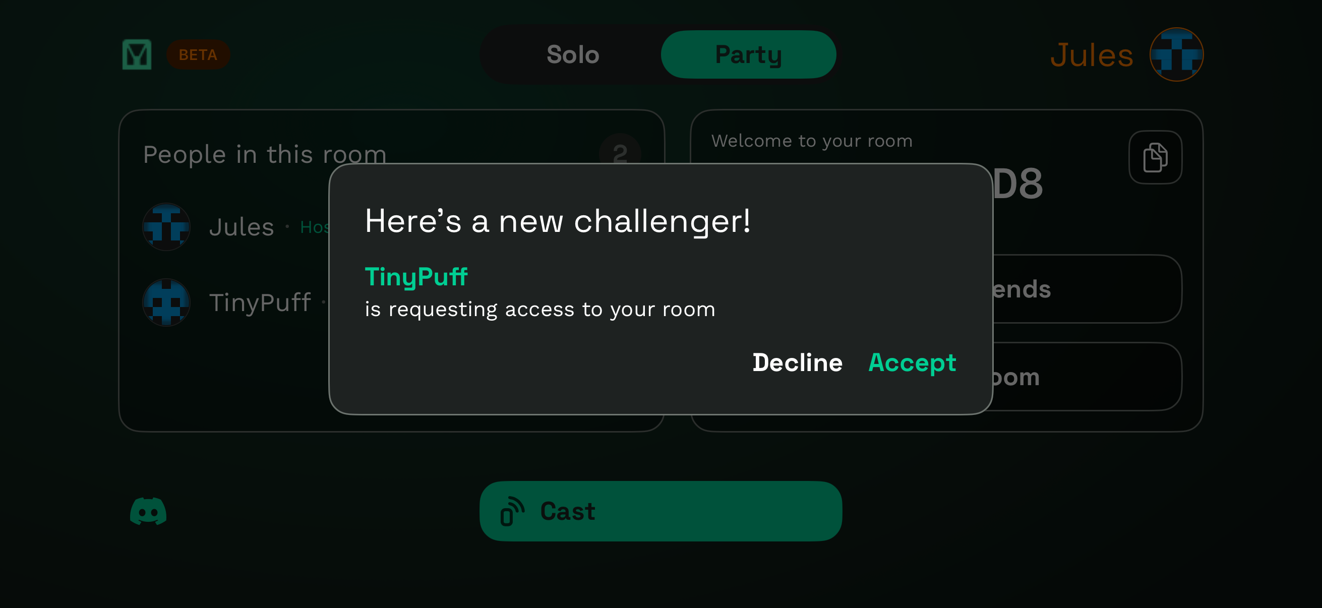 GCast notification showing a player requesting access with Accept and Decline buttons