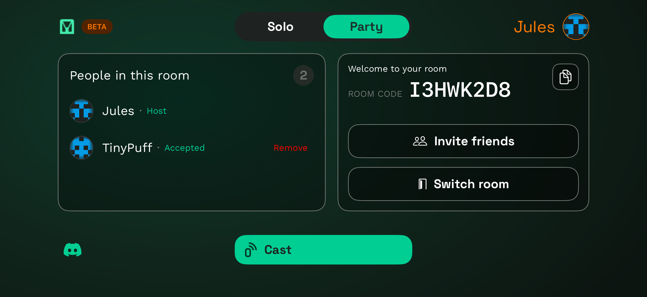 GCast room with host and second player accepted, Cast button highlighted